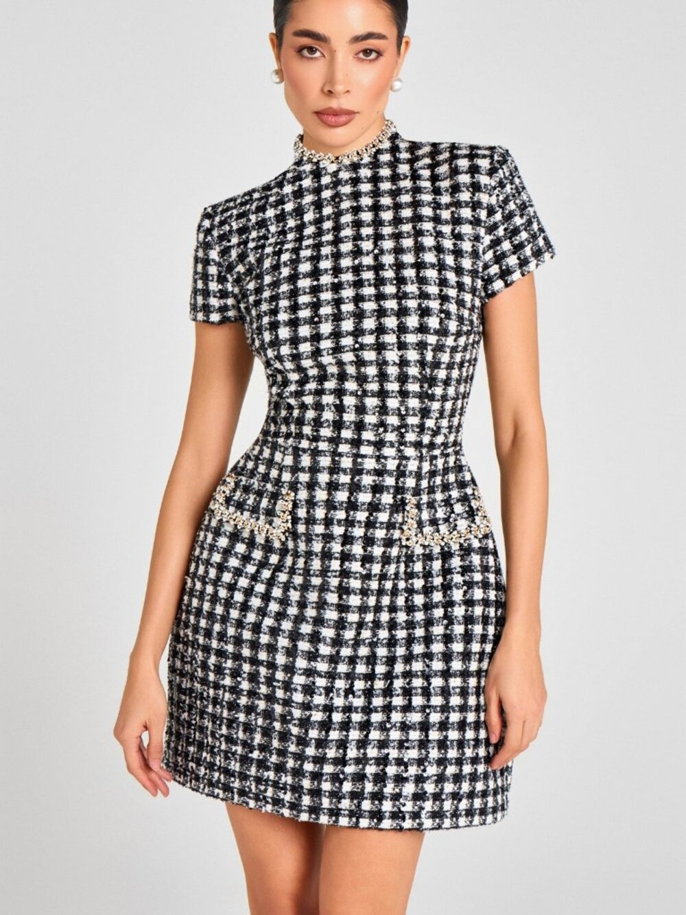 Nadine Merabi Mika Monochrome Check Tweed Dress